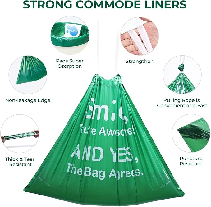 Commode Liners with Absorbent Pads, 30Pack Tear-Free Leak-Proof Bedside Commode Liners, Universal Disposable Commode/Bed Pan Liners for Bedside Commode, Standard Toilet, Chair Bucket(30Bags+30Pads)