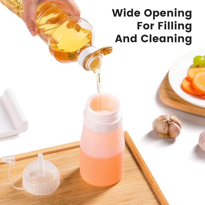 Condiment Squeeze Bottles, 16 oz Silicone Squeeze Bottles For Sauces, Leak Proof Condiment Containers with Extra Interchangeable lid, Easy Squeeze for Oil, Honey & Dressings, BPA FREE (4 Pack)