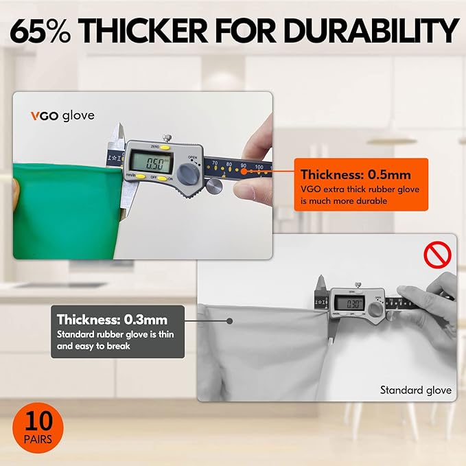 Vgo... 10-Pairs Reusable Household Gloves, Rubber Dishwashing gloves, Extra Thickness, Long Sleeves, Kitchen Cleaning, Working, Painting, Gardening, Pet Care (Size L, Green, HH4601)