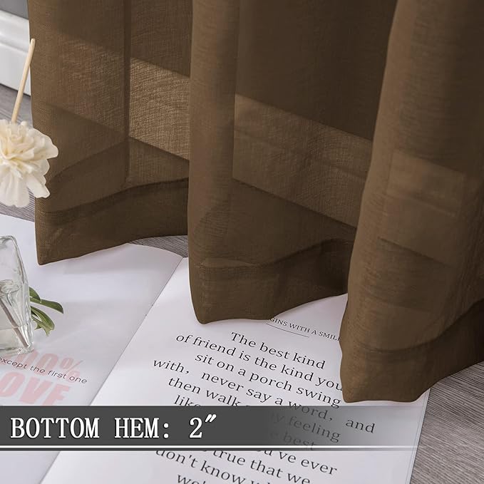 Tollpiz Sheer Curtains Linen Textured Bedroom Curtain Sheers Light Filtering Rod Pocket Voile Curtains for Living Room, 54 x 84 inches Long, Brown, Set of 2 Panels