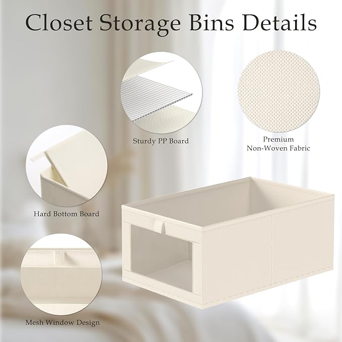 Criusia Linen Closet Organizers and Storage, 4 Pack Linen Closet Baskets with Mesh Window for Organization, Foldable Closet Organizer for Clothing, Towels, Toys, Nursery, Books, Shelves, Beige
