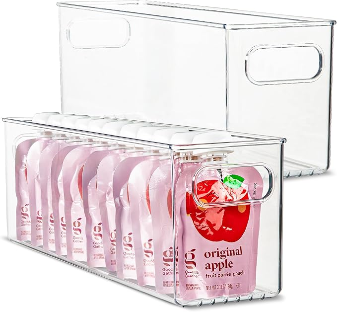 Plastic Food Storage 2 Pack Clear Container Bin with Handles for Organizing Kitchen, Pantry, Refrigerator, Freezer, Pantry, Cabinet, Closet, Bathroom. 16”x4”x5”