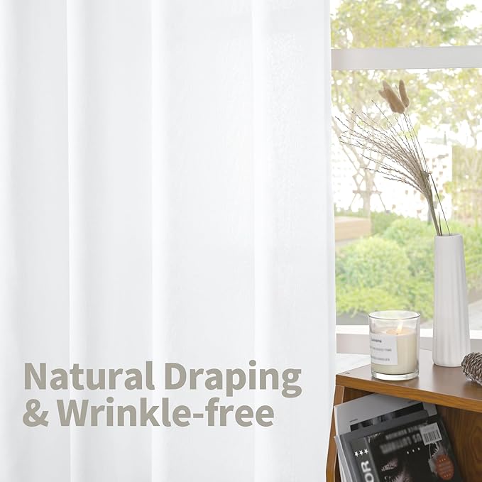 YoungsTex White Linen Semi Sheer Curtains 63 Inch Length for Short Window, Light Filtering Rod Pocket Drapes for Living Room Bedroom Office Rustic Country, 42 X 63 Inch, 2 Panels