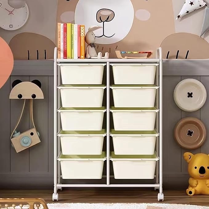 Rolling Cart with 10 Drawers, Plastic Drawer Cart with Metal Frame, Multipurpose Art Craft Cart Organizer with Wheels, Utility Cart with Drawers for Home, Office, School, White