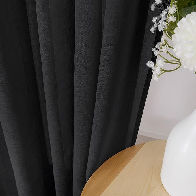 Tollpiz Short Sheer Curtains Living Room Linen Textured Curtain Sheers Light Filtering Voile Rod Pocket Curtains for Bedroom, 38 x 45 inches Long, Black, Set of 2 Panels