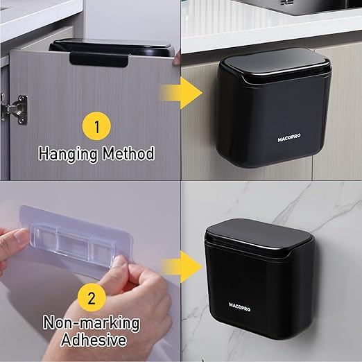 Hanging Small Trash Can with Lid Under Sink for Kitchen, Food Waste Bin for Countertop Compost Bin with Lid, Wall Mount Mountable Garbage Can for Bathroom, RV, 6.8L/1.8 Gal