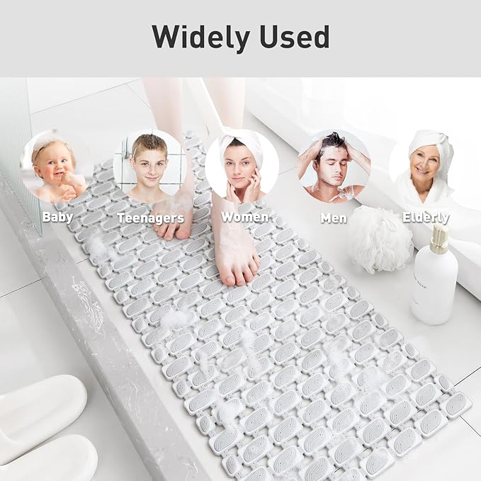 Shower Mat Non Slip Bathtub Mat - 36 x 16 Inch Eco-Friendly Soft Bath Mat for Tub Non Slip Shower Mats for Inside Shower with Suction Cups and Drain Holes, Easy to Clean Quick-Drying, Grey