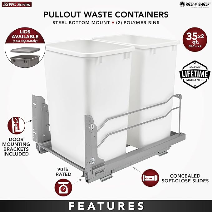 Rev-A-Shelf Double Pullout Trash Cans for Under Kitchen Cabinets 35 Quart 8.75 Gallon with Soft-Close Slides, Orion Gray, 53WC-1835SCDM-213