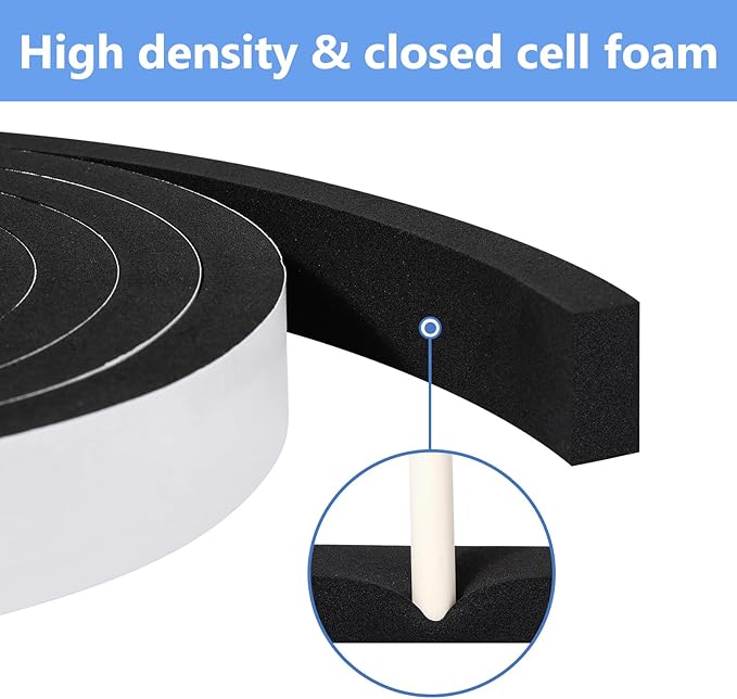 Weather Stripping Door Seal Strip- 2 Inch X 1/16 Inch X 32Feet, Strong Adhesive, Lightproof, Soundproof, Weatherproof Foam Tape Insulation for Sliding Door, Front Door Frame, Windows- Black