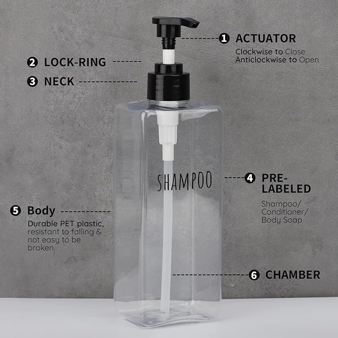 Segbeauty Clear Square Shampoo Bottles, 3pcs 16.9oz Refillable Plastic Lotion Dispenser with Pump, 500ml Empty Reusable Bathroom Shower Bottle Dispense Shampoo Conditioner Body Soap Liquid Gel