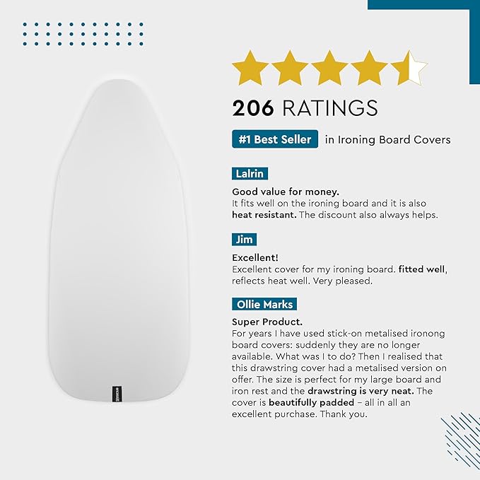 Encasa XO Ironing Board Cover and Pad 49"x18" - Metallised 'Silver Super Luxury' with Foam & Felt Pad, Fits Wide Iron Boards - Heat Reflective, Scorch Resistant, Bungee Elasticated, 3 Fasteners