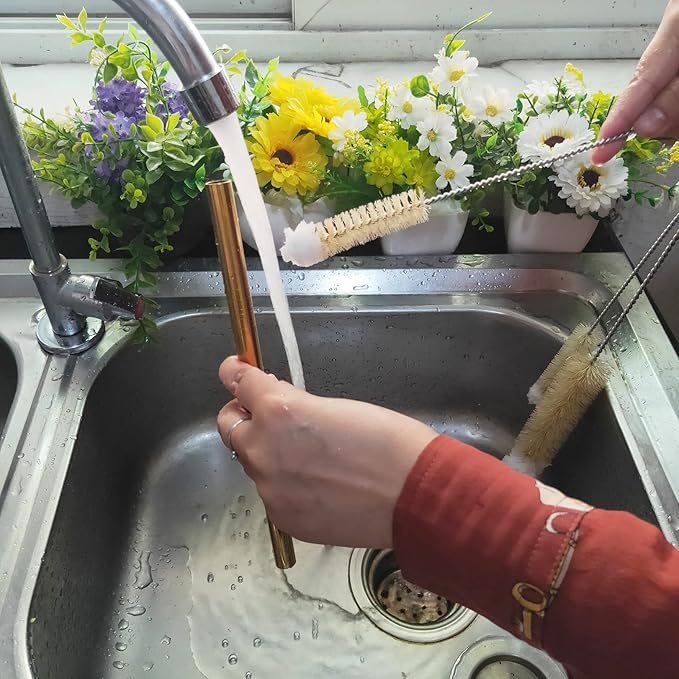 Coralpearl Bottle Brushes Thin Long Handle X 4, Skinny Wire Cleaner Set in Stainless Steel with Natural Boar Bristle at Wool Tip, Bendable Flexible for Cleaning Narrow Neck Bottles, Pipe, Tube, Hose