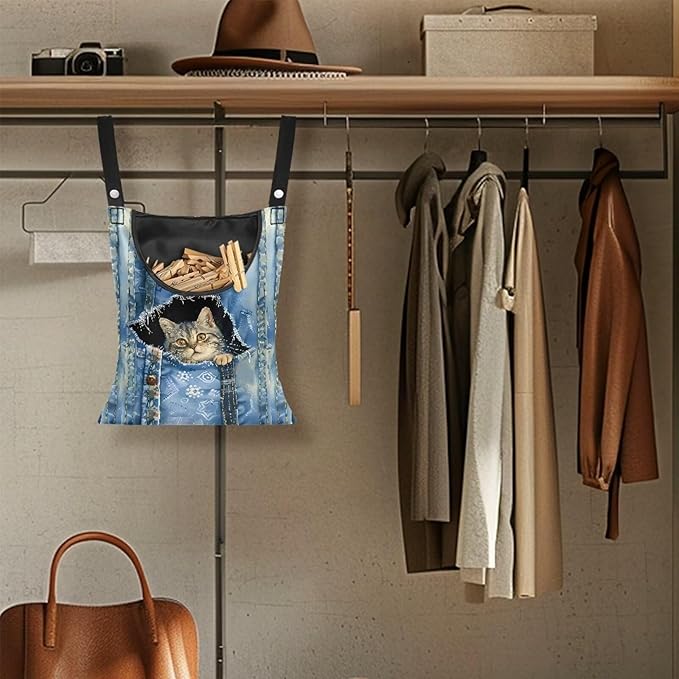 Cat Pin Bag with Hanging Rope, Laundry Hanging Bag, Fits Clothes Lines, Outdoor/Indoor Use