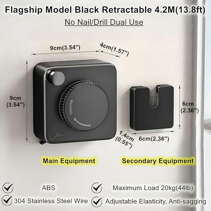 13.8ft(4.2M) Retractable Clothesline, Non-sag Clothesline, Indoor & Outdoor Heavy Duty Retractable Clothesline, Wall Mounted Stainless Steel Washing Line (Black)