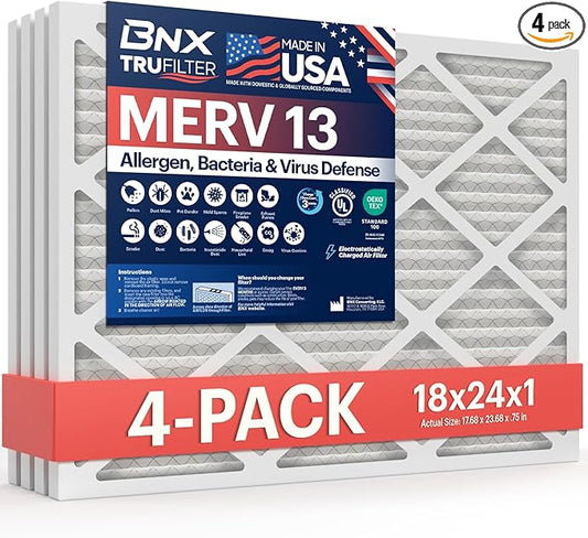 BNX TruFilter 18x24x1 Air Filter MERV 13 (4-Pack) - MADE IN USA - Electrostatic Pleated Air Conditioner HVAC AC Furnace Filters for Allergies, Pollen, Mold, Bacteria, Smoke, Allergen, MPR 1900 FPR 10