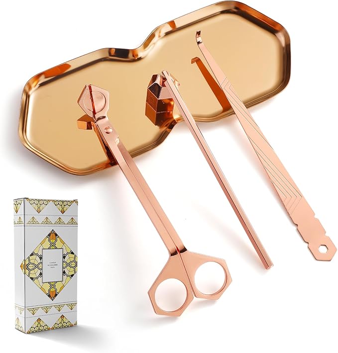 PATOISE 4 in 1 Candle Accessory Set, Wick Trimmer, Candle Snuffer, Wick Scoop,Storage Tray,Perfect for Candle Lovers (Rose Gold)