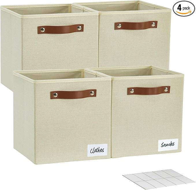 Collapsible Fabric Storage Cube Bins with 2 Reinforced PU Handles, Foldable Storage Organizer Baskets for Closet, Shelves, Living Room | 11"x11"x11", 4 Pack, Full Beige