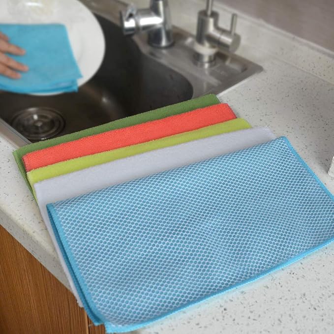 SINLAND 5 Color Assorted Microfiber Dish Cloth Towels Best Kitchen Cloths Cleaning Cloths with Poly Scour Side 12"x12" 5Pack (Pink+Blue+White+Yellow+Green)