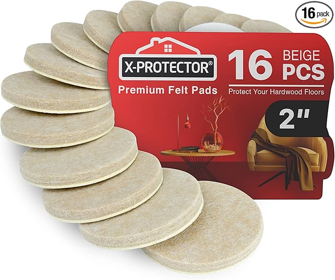 16 Heavy-Duty Felt Furniture Pads 2” 1/4” Thick X-Protector! Round Felt Pads for Furniture Feet - The Best Felt Floor Protectors for Furniture to Prevent Scratches. Protect Your Hard Floor! (Beige)