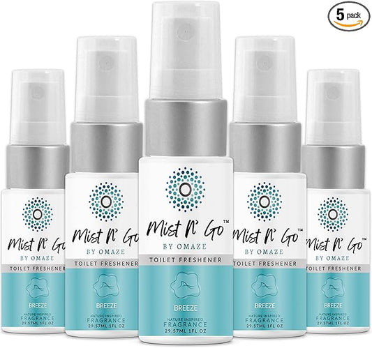 Mist N’ Go by Omaze Travel Bathroom Spray for Toilet Spray Odor Eliminator - Travel Toilet Spray for Bathroom Air Freshener Spray for Bathroom Deodorizer - Breeze Travel Size (1oz x5)