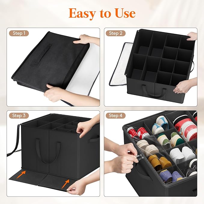 Lifewit Shoe Storage Organizer for Closet Fits 12-16 Pairs, Fabric Large Shoe Box Storage Container with Clear Cover, Foldable Bins Fit for Boots Heels Sneakers 17"(L) x 17"(W) x 12.5"(H) 2 Pack Black