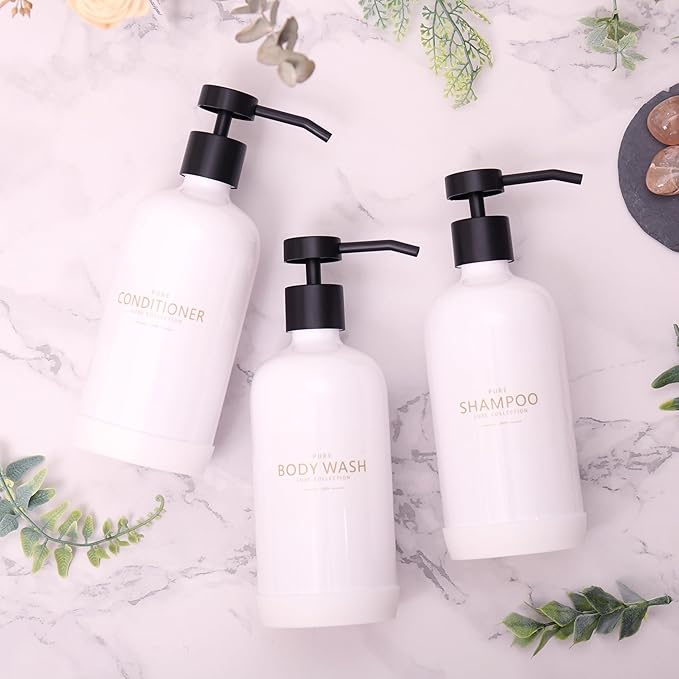 Shampoo and Conditioner Dispenser Set of 3,Refillable 21oz Shampoo Bottles with Non-Slip Protective Silicone Pad,Shower Soap Dispenser with Waterproof Labels for Bathroom (White)