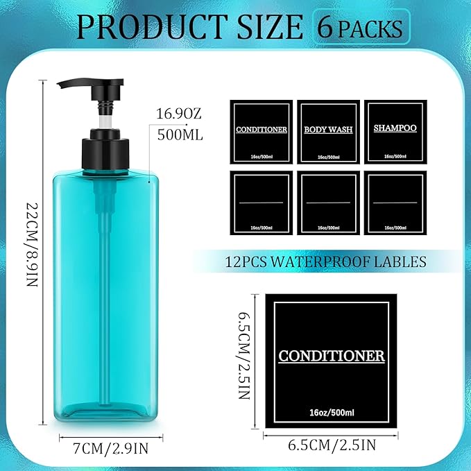 Tanlade 6 Pieces Shampoo and Conditioner Dispenser Bottles 16oz Modern Shower Soap Bottles with Pump, Labels and Marker Pen Easy to Refill Body Wash Dispensers for Home Bathroom Decoration
