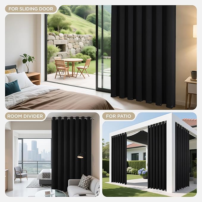 Joydeco Blackout Patio Sliding Door Curtains 96 Inches Long, Grommet Privacy Room Divider Curtains, Extra Wide Thermal Blackout Drapes for Bedroom Living Room (Black, 100Wx96L, 1 Panel)