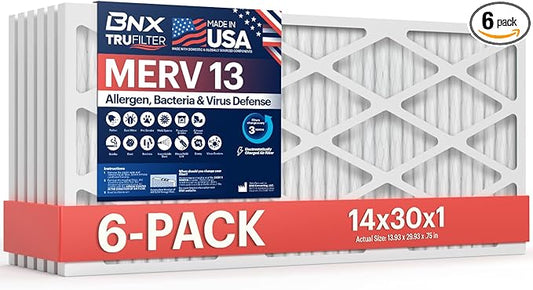 BNX TruFilter 14x30x1 Air Filter MERV 13 (6-Pack) - MADE IN USA - Electrostatic Pleated Air Conditioner HVAC AC Furnace Filters for Allergies, Pollen, Mold, Bacteria, Smoke, Allergen, MPR 1900 FPR 10