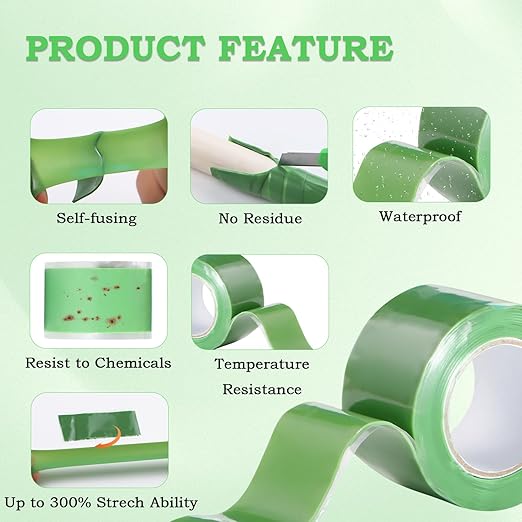Self Fusing Silicone Tape 2 Rolls 1 in x 5' Green Waterproof Rubber Leak Proof Sealing Rubber Self-amalgamating Tape for Emergency Hot and Cold Water Pipe Repairs and Tool Fixation