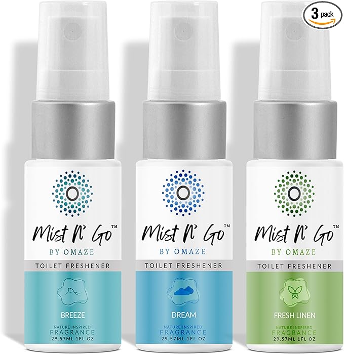 Mist N' Go by Omaze Travel Toilet Spray Odor Eliminator - Toilet Freshener for Bathroom Air Deodorizer - Clean Mix, Travel Size (3x1oz)