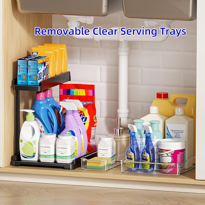 heart & home 2-Pack Under Sink Storage Organizer for Kitchen & Bathroom Cabinets with Removable Washable Tray, Tool-Free Assembly – Multi-Purpose for Vanity, Laundry & Countertop, Black