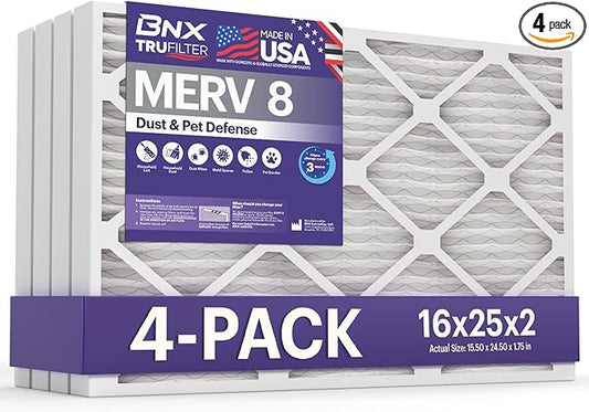 BNX TruFilter 16x25x2 Air Filter MERV 8 (4-Pack) - MADE IN USA – Dust & Pet Defense Electrostatic Pleated Air Conditioner HVAC AC Furnace Filters for Dust, Pet, Mold, Pollen MPR 600 – 700 & FPR 5