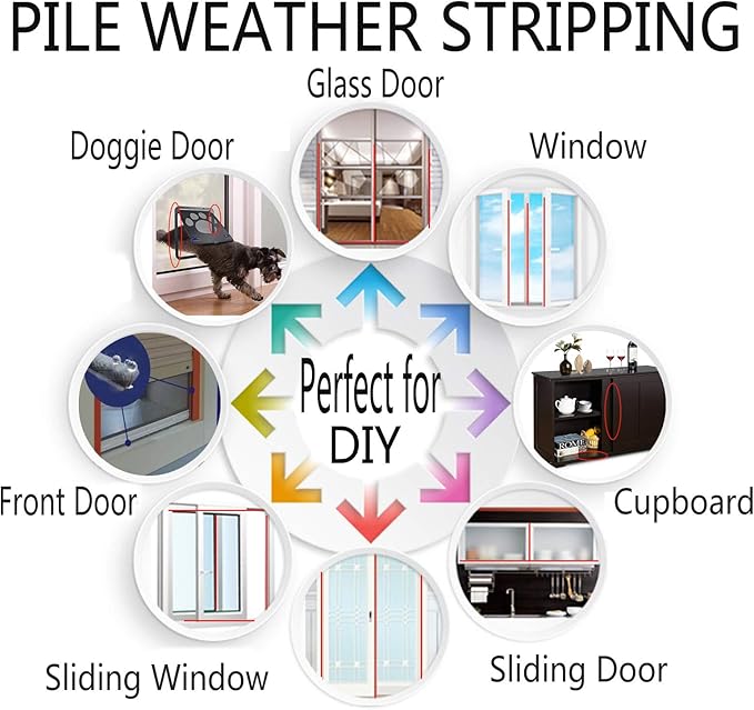Window Weather Stripping Brush for Sliding Door Frame, Pile Self Adhesive Weather Strip Seal Strip Sealer Soundproofing (65ft x11/32 Backing x 3/16 Brush inch, Black)