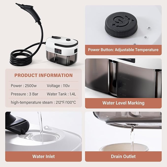 Lamberia 2500W Handheld Pressurized Steam Cleaner with 12pcs Accessories, 1400ml 1.5 Quarts Tank, 3-Level Adjustable Portable Steamer, 15s Heat-Up Steam Cleaner for Home, Car, Kitchen(White, US Plug)