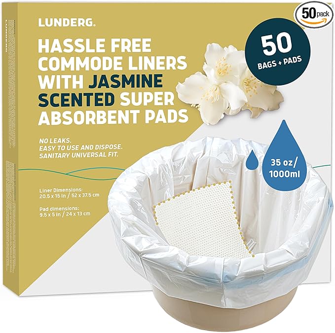 Lunderg Commode Liners with Absorbent Pads - Jasmine Scent Medical Grade 50 Count Universal Fit - Disposable Bedside Commode Liners and Pads for Adult Chairs, Portable Buckets & Camping Toilet Bags