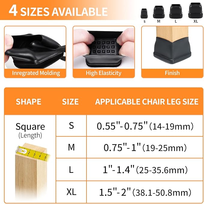 Ezprotekt 8 Pcs Large Chair Leg Sliders for Carpet, Square Black Teflon Furniture Glides Pads Caps for Rug, Bar Stool Leg Protectors Covers for Table, Chair, Sofa Legs (XL Fit: 1.5" - 2")