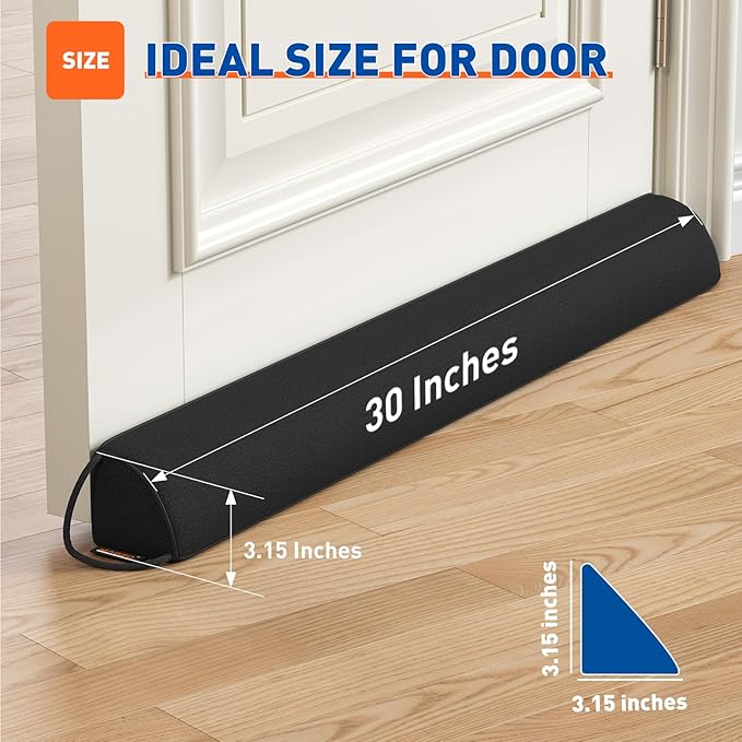 MAGZO Door Draft Stopper 30 Inches, 2 Pack Weighted Triangular Door Snake for Winter Noise Blocker with Hook Loops,Black