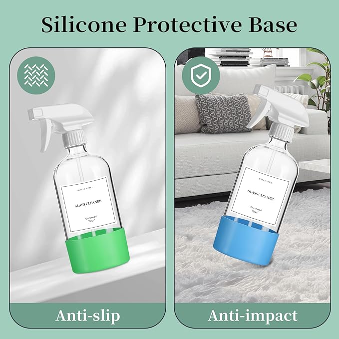 2 Pack Glass Spray Bottles with Silicone Sleeve,16oz Clear Glass Spray Bottles Refillable Empty Bottle with Adjustable Nozzle,Spray Bottle for Essential Oils,Cleaning Solutions,Pets,Hair