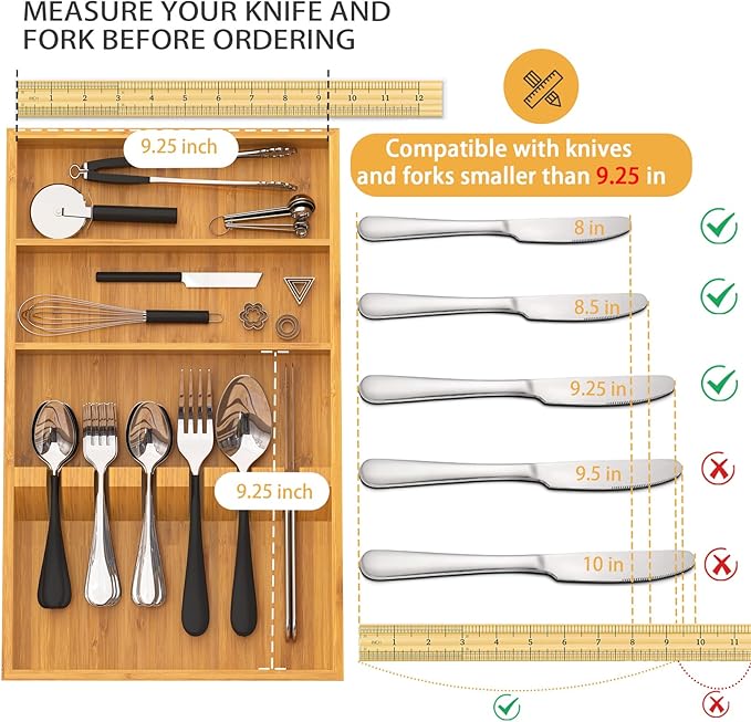 Yofidra Pure Bamboo Silverware Drawer Organizer: 16.53" Lx10 Wx1.93 H Large Silverware Utensil Tray Holder, 3-Compartment with 6 Card Slots Kitchen Flatware Organizer for Spoons Forks Knives