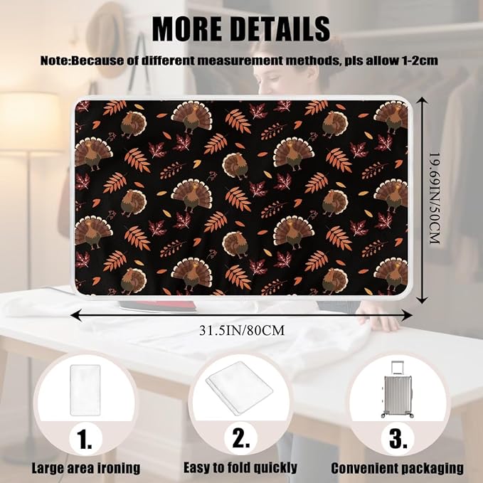 Cute Ironing Mat for Table top Washer,Dryer,Countertop,Turkey Portable Iron Pad Blanket for Washer Dryer Countertop Travel 32 x 16 Inch Thanksgiving Small Ironing Pads, Black