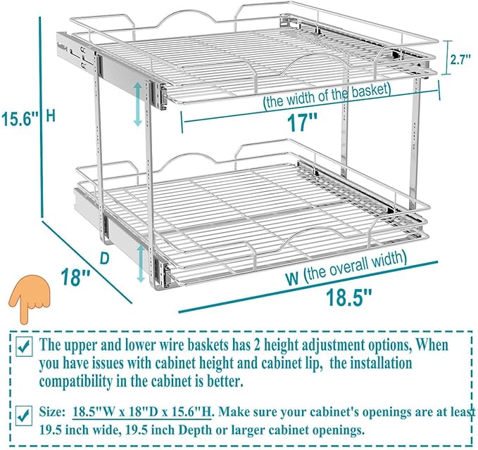 OCG 2 Tier Pull Out Cabinet Organizer (18.5" W x 18" D), Pull Out Drawers for Kitchen Cabinets, Pull Out Shelves for Base Cabinet Organization in Kitchen Bathroom Pantry, Chrome Finish