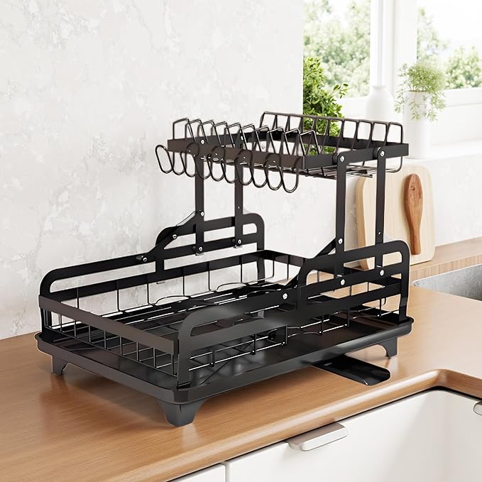 Dish Drying Rack Large 2 Tier Carbon Steel Dish Rack for Kitchen Counter,2-Tier Kitchen Organizers and Storage Rack with Drainboard and Cutlery Holder,Black, Folds Storage