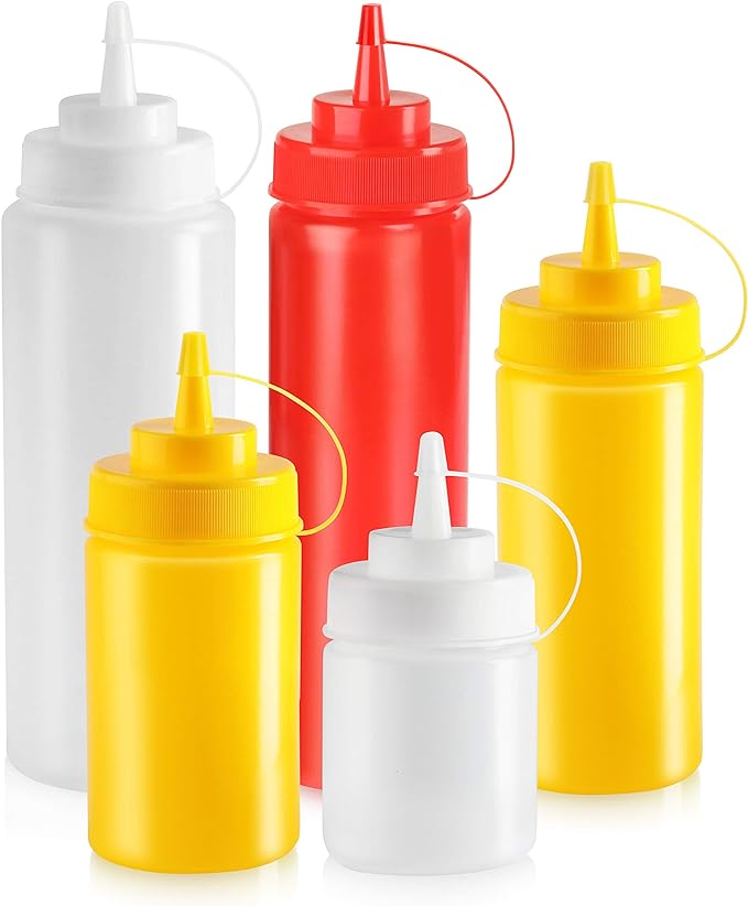 New Star Foodservice Squeeze Bottles, Plastic, Wide Mouth, 16 oz, Red, Pack of 6