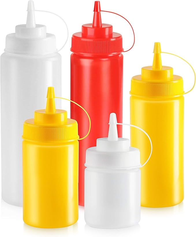 New Star Foodservice 26528 Plastic Squeeze Bottles with Cap and Scale, Wide Mouth, 16 oz, Yellow, Pack of 6