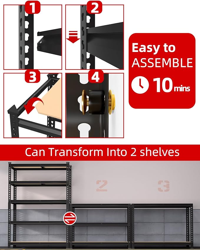 PrimeZone 35.5" x 12" x 72" Heavy Duty Storage Shelves - 5 Tier Adjustable Garage Storage Shelving, Metal Storage Utility Rack Shelf Unit for Warehouse Pantry Closet Kitchen, Black