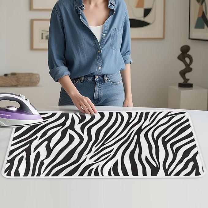 Zebra Print Ironing Mat Portable Iron Pad Magnetic Cover and Padding for Top of Washer, Dryer, Tabletop, Countertop,Travel Small Size Ironing Pads 32 x 16 Inch