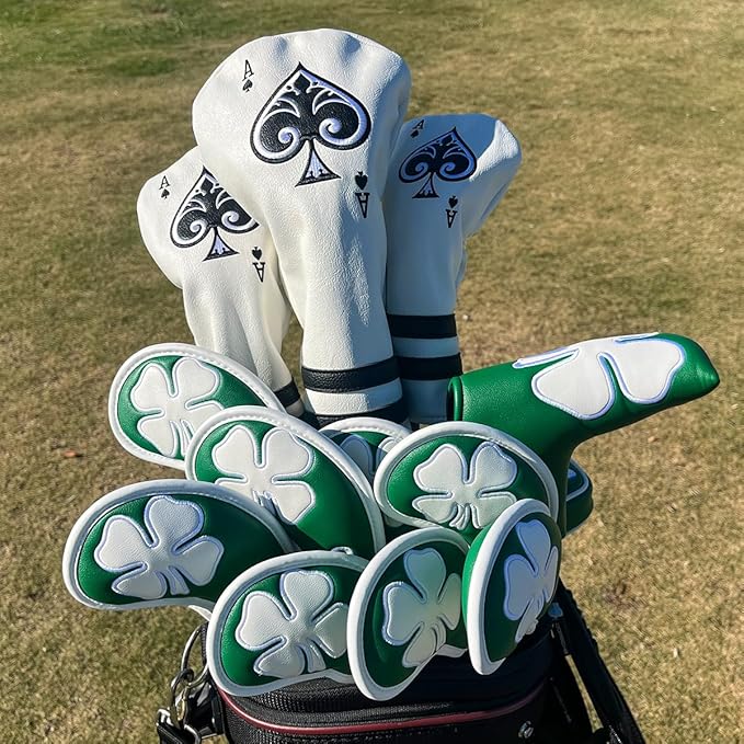 Lucky Clover Golf Iron Club Head Covers Headcovers Set, 10pcs Leather Golf Headcovers for Irons Gift for Men Women Golfer, Designed to fit All Brands