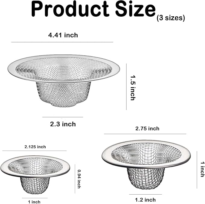 Bathroom Mesh Sink Drain Strainer Screen, 15PCS Drain Mesh Basket Cover Stainless Steel Slop Basket Filter Trap Tub Drain Screen Hair Catcher for Shower Utility Drain (2.125''&2.75"&4.41'')