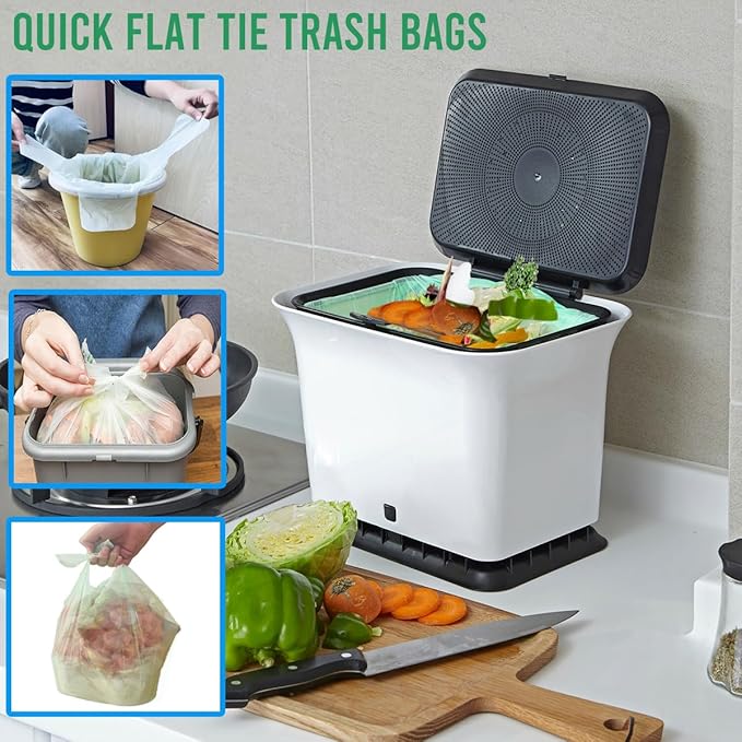 1-2 Gallon Flap Tie Compostable Trash Bags, 300 Count Small Compost Bags, Biodegradable Kitchen Garbage Bags, Food Scrap Waste Bags for Countertop Bin, ASTM D6400, US BPI Certified